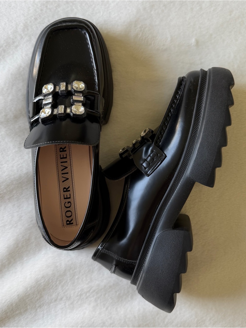 Black Patent platform Loafers with Crystal Buckle
